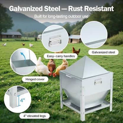 80LBS Large Metal Chicken Feeder, Galvanized Steel Gravity Chicken Feeder with 4-Sided Trough, No Waste Design, Waterproof Locking Lid, Heavy Duty Automatic Outdoor Poultry Feeder for Backyard & Farm