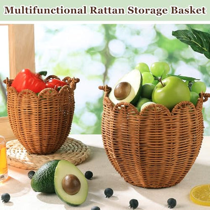 2 Pack Wicker Easter Basket, Scalloped Easter Baskets with Handle, Hand Woven Picnic Basket Rattan Storage Baskets for Egg Hunt Organizing Party Gifts Favors
