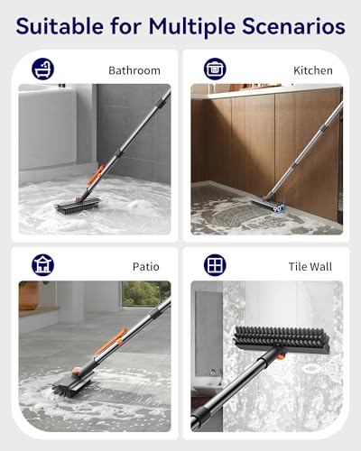 Small Floor Scrub Brush with Length Adjustable Long Handle, 3 in 1 Heavy-Duty Stiff Bristle Scrubber Brush with Squeegee and Tweezer for Cleaning Bathroom, Tile, Deck, Patio, Garage and Kitchen - color: Grayorange