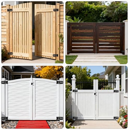 Heavy Duty Self Closing Gate Hinge and Latch Kit for Wooden/Vinyl Fence Gate Rust Proof Gate Hardware Kit 4 Adjustable Self Closing Hinges & 2 Post Mount Self Locking Gate Latch (Black)