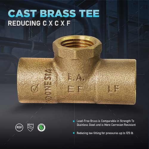 Everflow Supplies CCFT3412-NL C X C X F Cast Brass Tee Fitting with Solder Cups and Female Threaded Branch, 3/4" x 3/4" x 1/2" - size: 3/4" x 3/4" x 1/2"