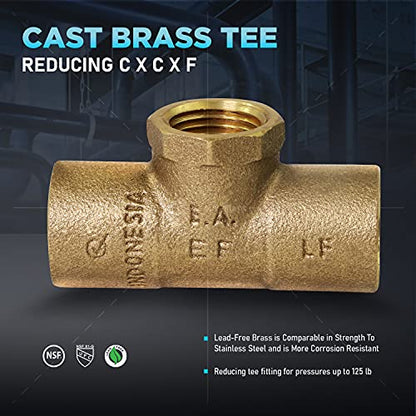Everflow Supplies CCFT3412-NL C X C X F Cast Brass Tee Fitting with Solder Cups and Female Threaded Branch, 3/4" x 3/4" x 1/2" - size: 3/4" x 3/4" x 1/2"