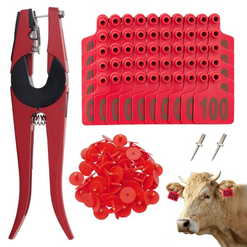 Cattle Ear Tags Numbered 001-100 with Pliers, Plastic Livestock Animal Ear Tag for Cows Goats Sheep Pigs (Red) - color: Red