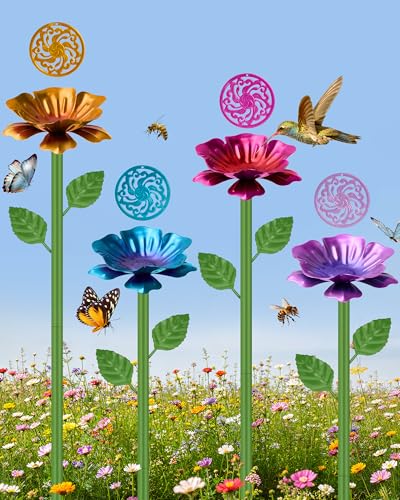 4 Pack Bee Watering Station with Anti Drowning Island, Double Layers Flower Design Metal Pollinator Water Feeder, Colorful Butterfly Drinking Bath for Outdoor Garden Yard Decor(Red,Blue,Yellow,Green)