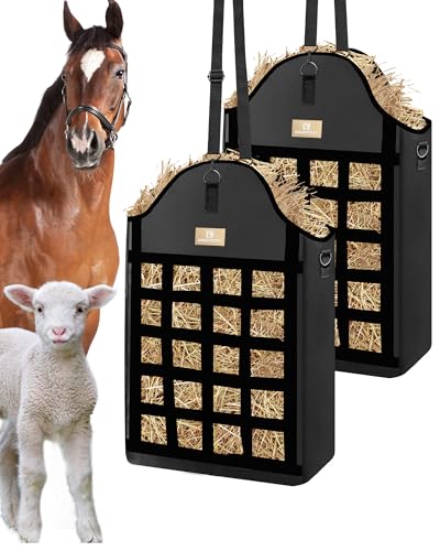 Hay Bags for Horses,3 Packs Slow Feed Hay Bags for Goats,Sheep,Donkey,600D Reinforced Oxford Hay Feed Bags with Front Hay Nets Design, Easy to Fill and Hang with Large Opening (2Black) - color: 2Black