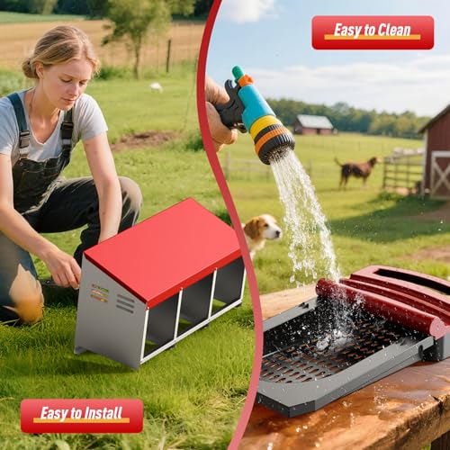 Chicken Nesting Boxes, Roll Away Laying Nest Box for Hens, Galvanized Steel with Removable Egg Drawer, Protects Eggs, Easy Egg Collection, for Chicken Coop, 3 Compartments - color: Orange-Red
