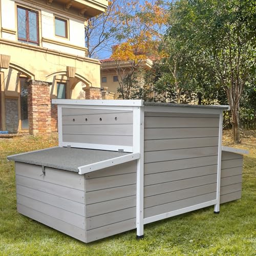 Chicken Coop, 58" Wooden Chicken Coop with 2 Sides Large Nesting Boxes for 4-6 Chickens, Poultry Hutch Rabbit Cage with No-Slip Ramp & Pull-Out Tray for Outdoor Farm Yard (White Grey) - color: White Grey
