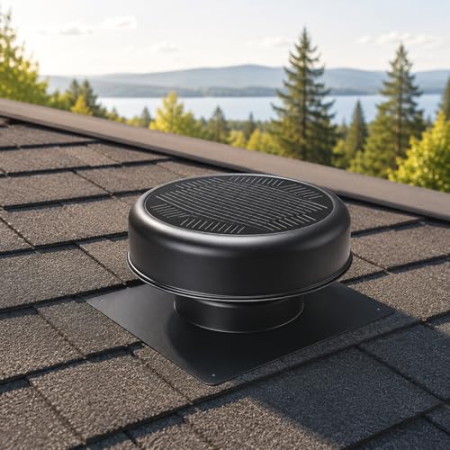 12" Flush Mount Round Solar Roof Vent Fan,30W Dual Power Black Attic Exhaust Fan,3-Speed Remote & 25°C Auto Ventilation,1200 CFM,MPPT Controller Solar Ventilator Solar Vent for Attic Garage - color: Black+Round 1