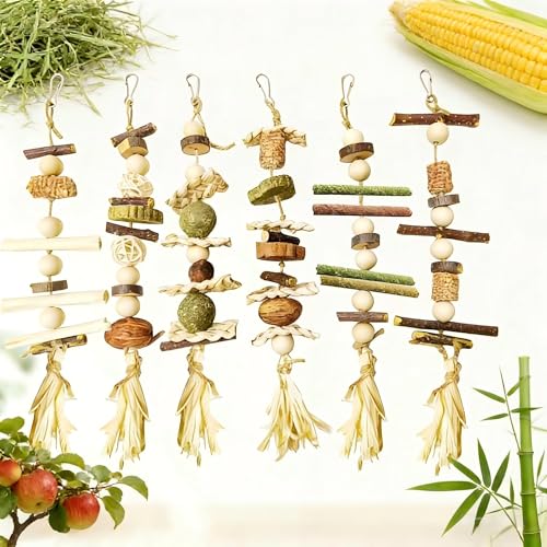 6PCS Bunny Chew Toys, Hamster Rabbit Cage Hanging Chew Toys, Natural Apple Wood Bunnies Treats, Improve Small Animal Teeth Health for Guinea Pig Chinchilla Ferret Rats Gerbil