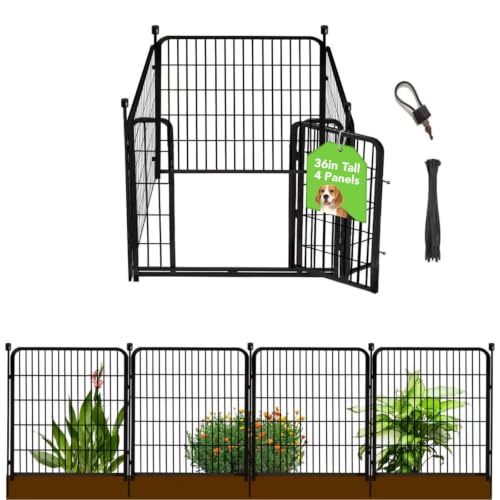 Getlay Garden Fence with Gate 36 in(H)×27 in(L) 4 Panels, Heavy Duty Iron Animal Barrier Fence, Rabbit Fence for Garden, Suitable for Indoor Pet Or Outdoor Dog Fencing, Total 8.9 Ft(L), Black - size: 36''(H)-4panels-8.9ft(L)