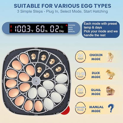 Sailnovo 24 Egg Incubators for Hatching Eggs - Automatic Temperature Control and Egg Turning, Egg Candler, 360° Clear View Incubator with 4 Hatching Modes for Chicken, Duck, Quail Eggs (Blue)