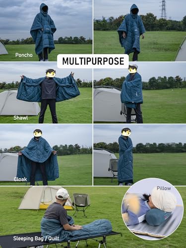 WildCall Hooded Camping Blanket with 3M Thinsulate Insulation Wearable Poncho Blanket Ultralight Foldable Quilt Sleeping Bag for Outdoor, Hiking, Stadium - color: Blue