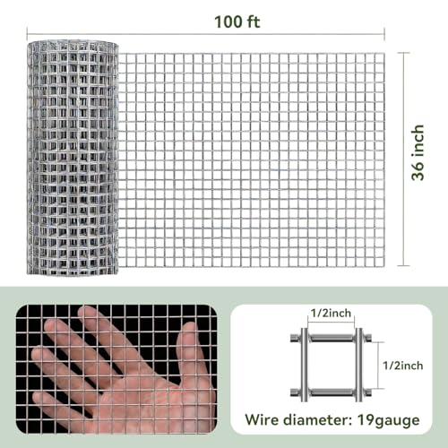 Amagabeli Hardware Cloth 1/2 inch 36 x 100 ft 19 Gauge Chicken Wire Fence Hot-Dipped Galvanized After Welding Welded Wire Fencing Mesh Roll Garden Plant Support Poultry Rabbit Cage Snake Gopher - size: 1/2" 36"x100'