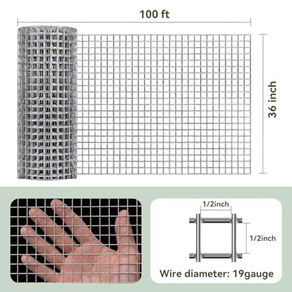 Amagabeli Hardware Cloth 1/2 inch 36 x 100 ft 19 Gauge Chicken Wire Fence Hot-Dipped Galvanized After Welding Welded Wire Fencing Mesh Roll Garden Plant Support Poultry Rabbit Cage Snake Gopher - size: 1/2" 36"x100'