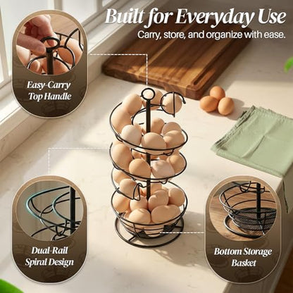 Flexzion Metal Egg Skelter Countertop Egg Holder - Sturdy Black Spiral Egg Holder with Bottom Basket and 360-Degree Rotatable Middle Pole Up to 36-Egg Capacity, Egg Storage Rack Solution - color: Black, size: Large Skelter