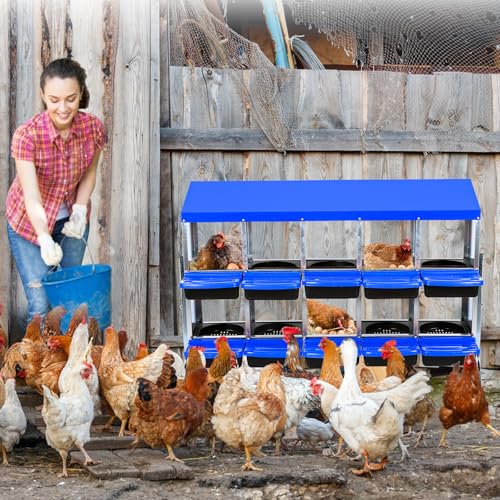 Nesting Boxes for Chickens, 10 Holes Chicken Nesting Box, Chicken Laying Boxes with Lid Cover, Roll Away Nesting Box for Chickens Laying Egg, with Metal Bracket, Blue - color: blue, size: 56.7"L x 17.5"W x 11.1"H