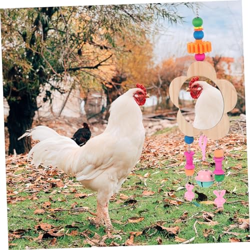 Abaodam Funny Chicken Toy Wooden Hanging Mirror for Hens Pet Rooster Mirror Pendant Coop Toys Bells Random Color