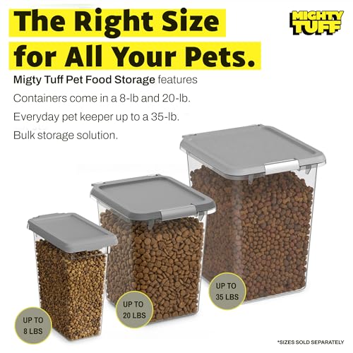 Mighty Tuff 20 lb Dog Food Container with Secure Lid Clasp, Airtight Cat Food Storage Bin, Clear Plastic Pet Food Storage Container with Lid for Kitchen Pantry Organization