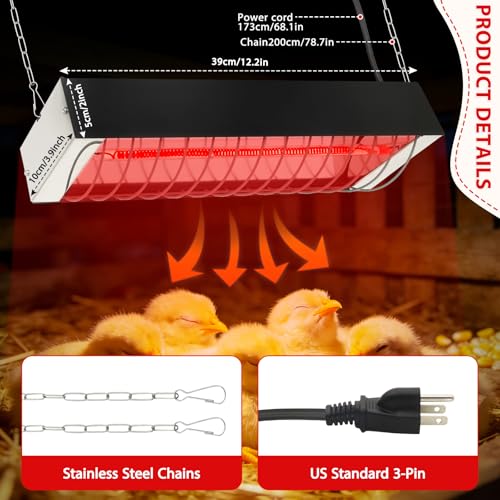 Dual Watt Heat Lamp for Chickens - Chicken Coop Heater with Carbon Fiber Bulb,2 Temperature Adjustable (165/330W),Hanging Heat Lamp for Chicks,Pets and Poultry