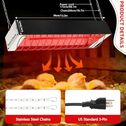 Dual Watt Heat Lamp for Chickens - Chicken Coop Heater with Carbon Fiber Bulb,2 Temperature Adjustable (165/330W),Hanging Heat Lamp for Chicks,Pets and Poultry