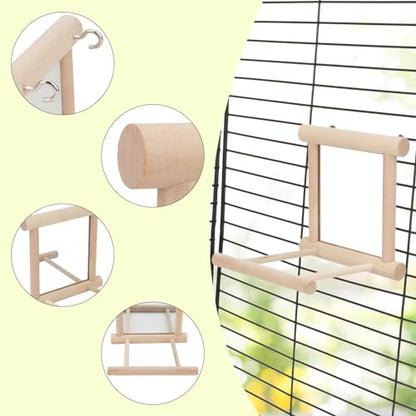 Hypeety Bird Parrot Mirror Toy Swing Hanging with Perch for Parrot Parakeet Budgies Cockatiel Conure Finch Lovebird (D) - color: Wooden Mirror with Perch