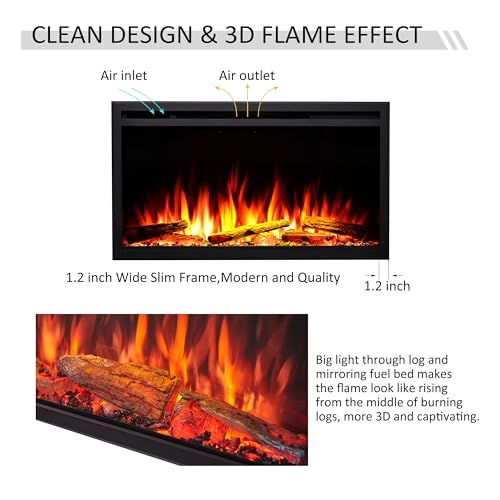 LegendFlame 33" W Smart Wall Mount & in Wall Recessed Electric Fireplace Insert, Heater 750W/1500W, Multi Colors of Flame & Fuel Bed, Alexa/Google Assistant Enabled - size: 33" DEEP