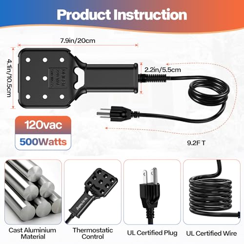 120V 800W Pond De-Icer and Chicken Water Heater for Livestock Tank Heater, Featuring Power-Off Protection, Overheating Protection, GFCI Plug & 9.2FT UL Approved Cord - size: 800 Watt