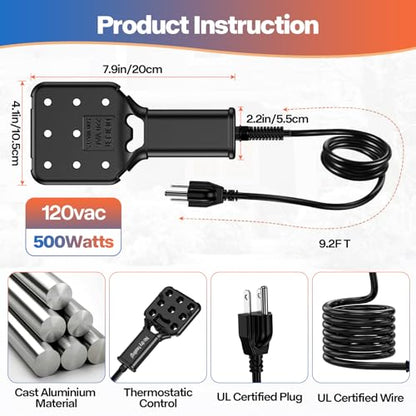 120V 250W Pond De-Icer and Chicken Water Heater for Livestock Tank Heater, Featuring Power-Off Protection, Overheating Protection, GFCI Plug & 9.2FT UL Approved Cord - size: 250 Watt