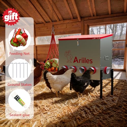 Automatic Chicken Feeder Box, 100lb Capacity, 10 No-Waste Ports, Metal Poultry Feeder with Covered Lid & Elevated Stand, Feed Dispenser for Chickens, Ducks & Backyard - size: 100 LB