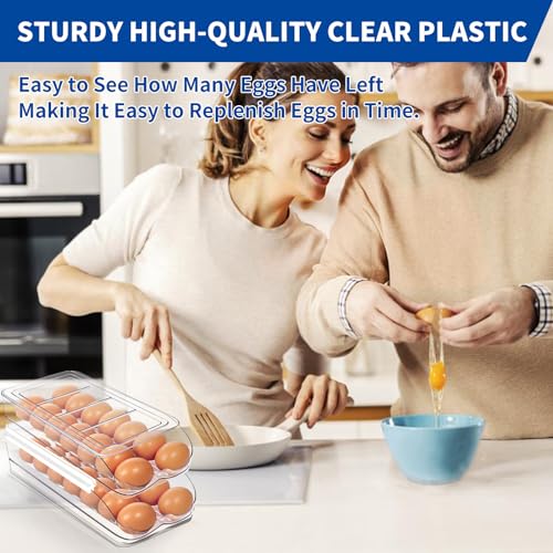 MesRosa Egg Holder for Fridge, Automatic Rolling Egg Organizer for Refrigerator, Clear Plastic Egg Container & Tray, Stackable Dispenser and Storage Bin with Sturdy Lid to Saving Space -3 Layer - size: 3 Layer Holder 42 Eggs