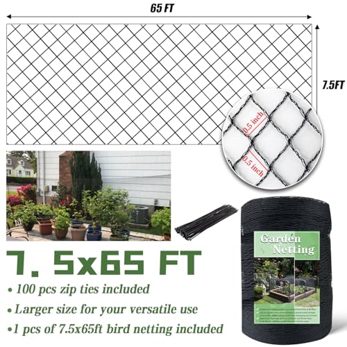 Bird Netting，75 x 65 FT Garden Netting Bird Net for Chicken Coop, Poultry Netting Fence for Fruit Trees, Plants and Vegetables Against Birds, Deer, Squirrels and Other Animals - size: 7.5 x 65 FT