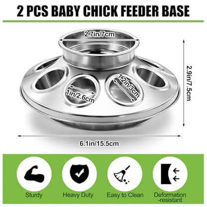 Potchen 2 Pcs Baby Chick Feeder Base, Galvanized Steel Poultry Feeding Tray with 8 Holes, 1 Quart Compatible with Mason Jars & Standard Feeder Jars for Small Birds Chicks - style: Feeder