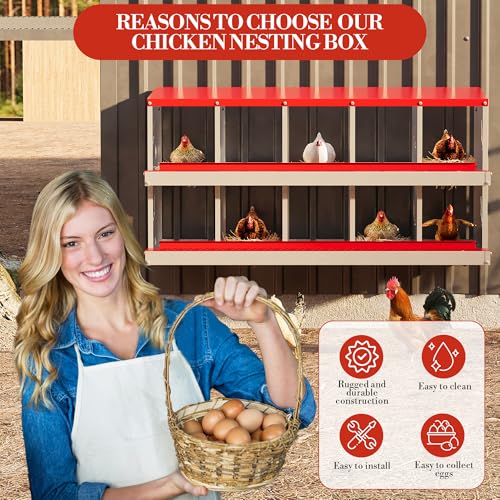 Chicken Nesting Box,10 Compartments Galvanized Steel Metal Chicken Laying Box with Roll Out Egg Collection,Wall Mount Chicken Nesting Boxes,Easy Egg Collection, Hen Roosting Boxes - color: Red, size: 10 Holes