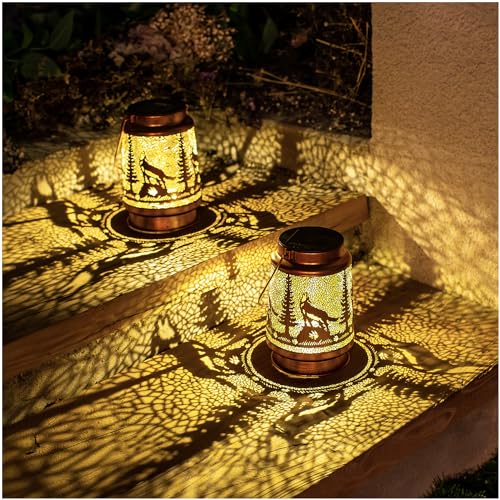 Wolf Solar Lanterns Outdoor Waterproof Hanging Solar Lights Wolf Gifts for Women Men Metal Decorative LED Wolf Lanterns for Garden Decor,Yard,Patio,Lawn,Tabletop,Pathway,Landscape - style: Wolf