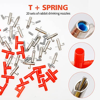 20pcs Rabbit Drinking Automatic Fountain Watering System Kit | 10m Length 8MM Transparent Hose, Water Nipples Drinker, Feeders Spring Latches - color: Red