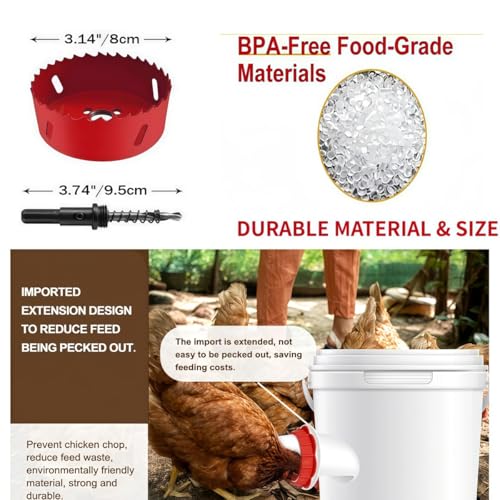 Chicken Feeders No Waste, DIY Automatic Poultry Feeder 8 Ports 1 Hole Saw with Covers Gravity Feed Kit for Buckets Barrels Bins Troughs (Red, 8) - size: 8