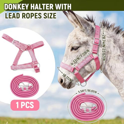 1 Set Miniature Donkey Halter with Lead Ropes, Cute and Stylish Adjustable Nylon Head Collar Set for Miniature Donkeys (Pink) - color: Pink