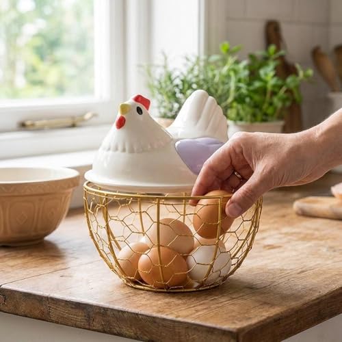 Chicken Egg Basket with Ergonomic Handles Farmhouse Storage Egg Collection Vegetable Fruit Organizer Metal Mesh Suitable for Home Decoration, Purple