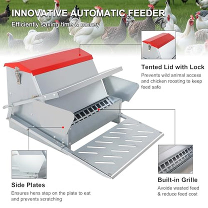 25lbs Automatic Chicken Feeder-Metal Treadle Poultry Feeder, No Waste Rat Proof Chicken Feeder with Sturdy Galvanized Steel Build and Weatherproof Locking Lid for Duck, Fowl, Pheasant Outdoor