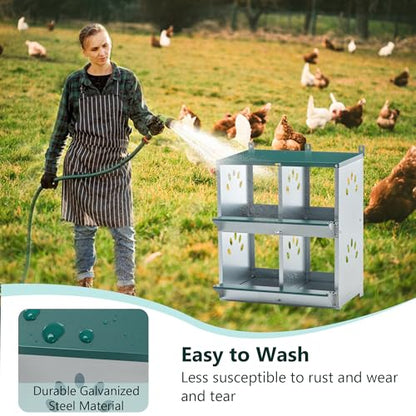 4 Compartment Heavy-Duty Galvanized Steel Chicken Nesting Box - Wall Mounted Anti-Peck Design with Removable Panel for Easy Cleaning, for Hens & Poultry