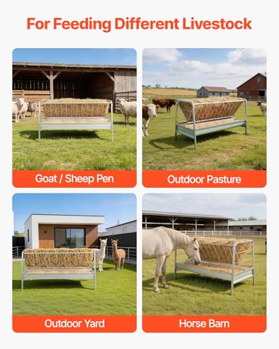 VEVOR Livestock Hay Feeder, 2 in 1 Grain & Hay Feeder, 80-Gallon Capacity, 57.9" Long Goat Pasture Feeding with Deeper Feeding Pan, Heavy Duty Steel Grain Holder for Sheep Sheds, Farms, Horse Barns