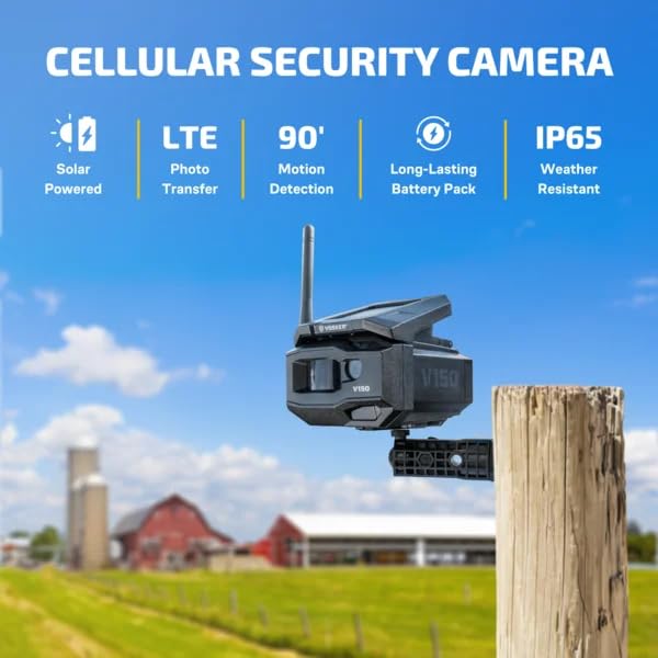 Vosker V150 Farm Pack 4G LTE Solar Security Camera, Wireless Outdoor Surveillance for Farms, Sheds and Equipment Monitoring, No Wi-Fi Required, Night Vision, SIM Card & Mobile App Included