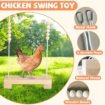 WDEFUN Pet Toy Wooden Chicken Swing Perch with Iron Monkey Decoration and Rope, for Hens and Birds