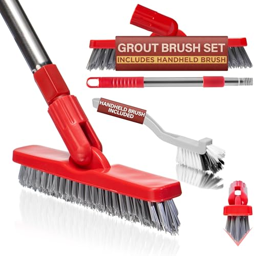 Foxtrot Living 2 in 1 Grout Brush with Long Adjustable Telescopic Handle and Handheld Stiff Bristle Scrubber, Swivel Grout Cleaner for Tile Floors, Grout Cleaning Brush for Floor Cleaning - color: Red