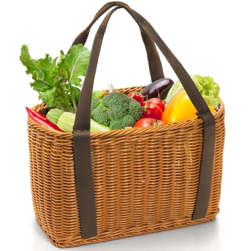 Wicker Shopping Basket with Handle, 12" x 8.5" x 6" Hand-Woven Picnic Basket, Open Top Market Harvest Basket for Food Storage, Kitchen Organization, Home Decor, Camping, Easter Eggs, Gifts