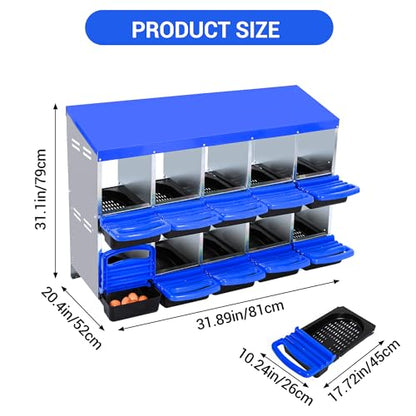 Chicken Nesting Box 10-Hole Roll Away Egg Laying Box with Lid, Galvanized Steel Rustproof Poultry Coop Box, Easy Clean, Wall Mountable No Bracket Needed for Hens, Blue - color: Blue, size: 10 holes
