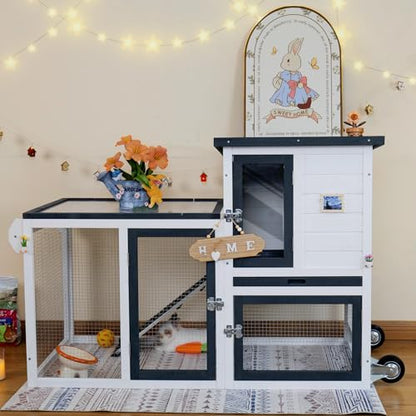 Rabbit Hutch Indoor Outdoor Bunny Cage, Weather Resistant Openable Roof, Slide Out Tray, Handle & Rolling Wheels, Chicken Coop, 48.05" L x 26.02" W x 34.3" H, White - color: White