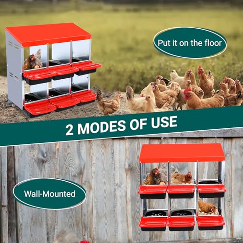 Chicken Nesting Boxes,6 Compartment Metal Roll Away Nest Box for Chicken Coop,Chickens Laying Egg, Lid Cover to Protect Eggs,Easy Egg Collection,Cleanable Pull Out Hen Roosting Boxes