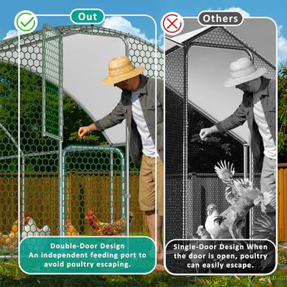 Large Metal Chicken Coop, Chicken Run with Feeding Door, Security Lock and Cover, Outdoor Walk-in Duck/Rabbit Cage Poultry Pen for Backyard, Farm, Yard (Silver - Dome Roof, 19.7 x 9.8 x 6.6 FT) - size: 236.0"L x 118.0"W x 78.7"H