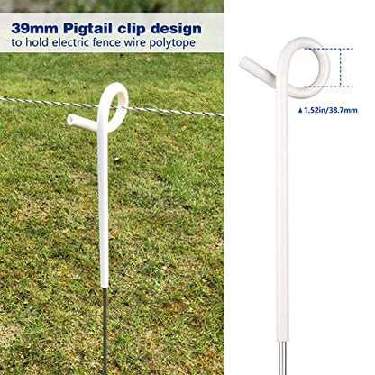 Fence Shock 30 Pack 41 Inches Systems Pig Tail Step-in Fence Post, Portable Stainless Steel Single Rope Poles/Stakes for Electric Fence, Garden, Farm, Flower Beds, Walkways, Fountains - White - color: White